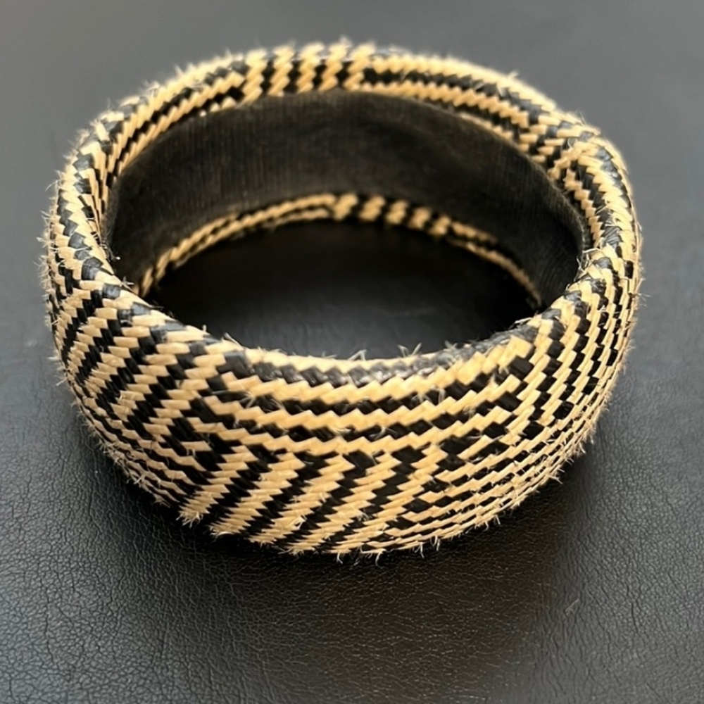 Vintage Straw Woven Bangle Bracelet,  Fabric Interior, Beige & Black